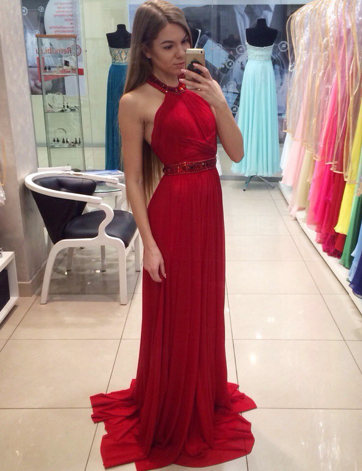 Fashion A Line Halter Long Red Chiffon Prom/party Dress With Beading/pleats