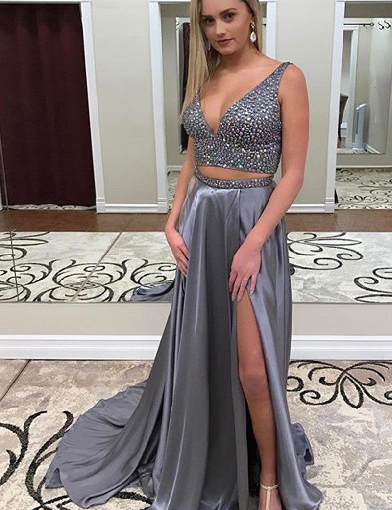 Beautiful Two Piece V Neck High Split Grey Prom/evening Dress With Beading/sweep Train