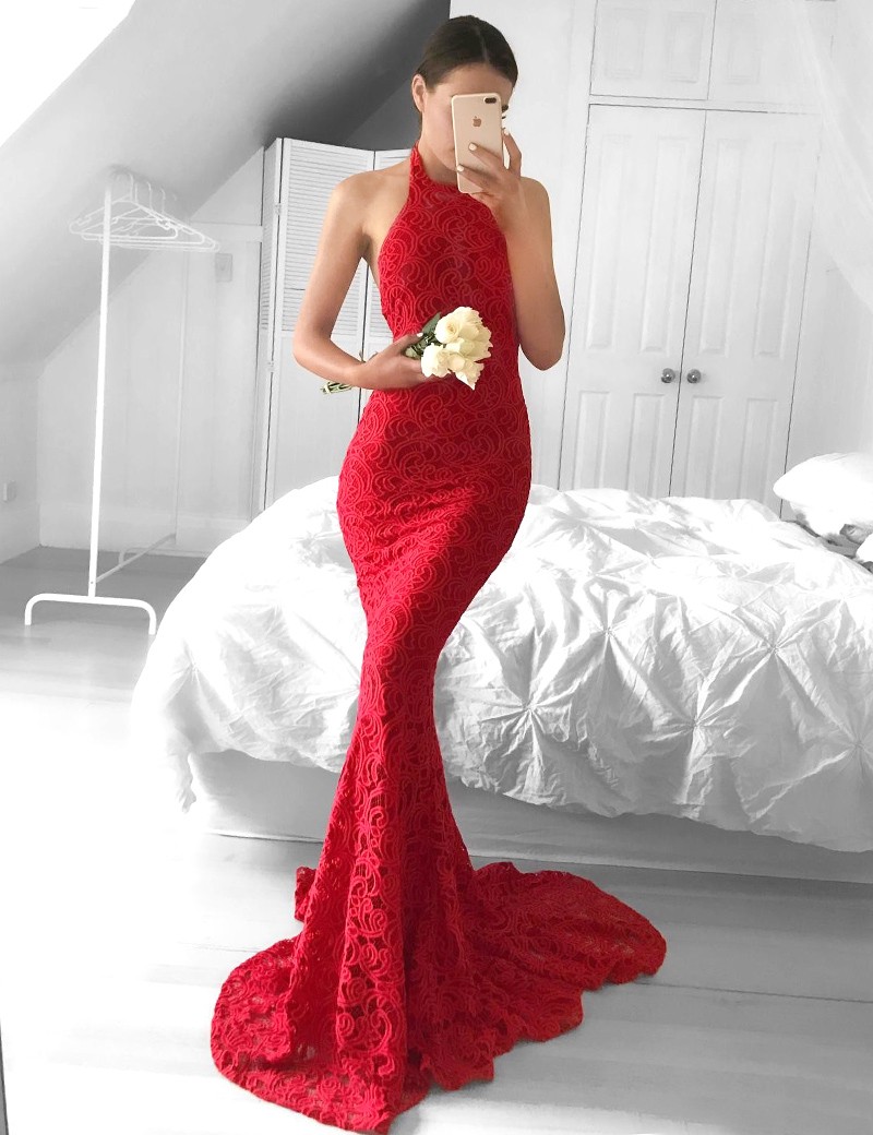 Sexy Mermaid Halter Backless Long Red Lace Prom Dress With Sweep Train