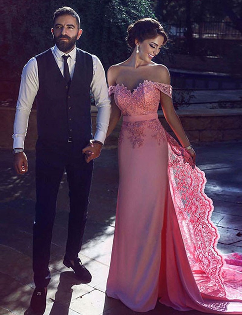 Elegant Sheath Off-the-shoulder Pink Evening/prom Dress With Lace/detachable Sweep Train