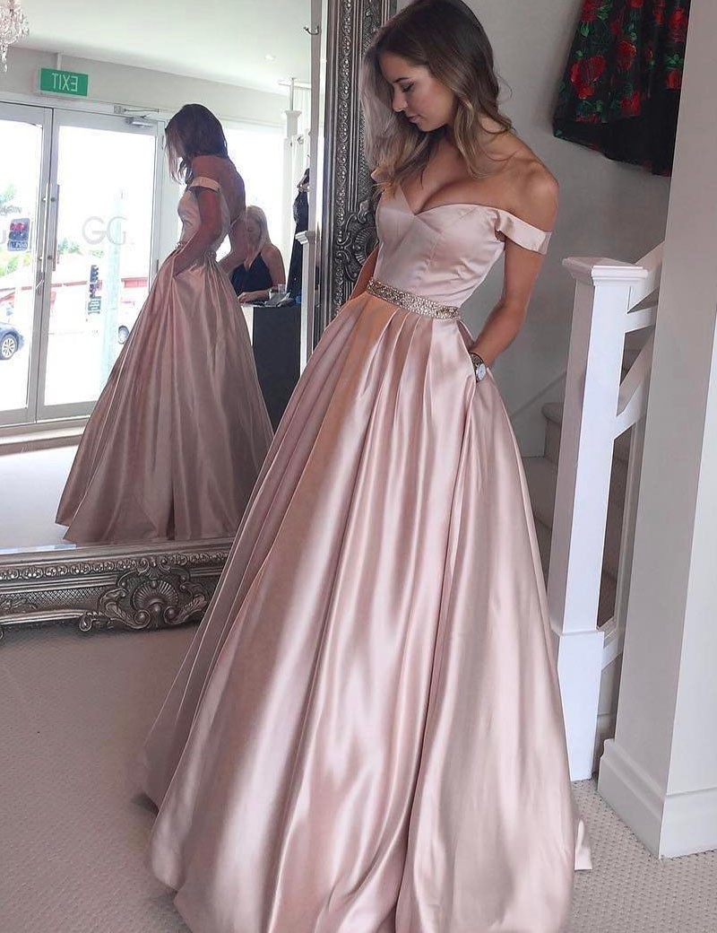 Charming Off The Shoulder Long Pearl Pink Satin Prom/evening Dress With Beading Pockets