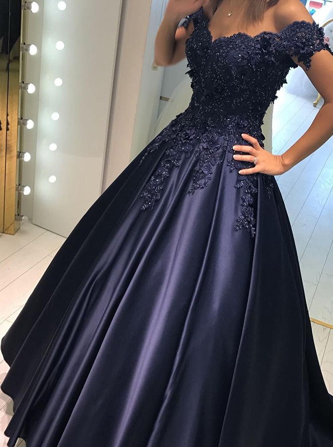 Elegant A-line Off-the-shoulder Long Navy Blue Satin Evening/formal Dress With Beaded Lace Appliques