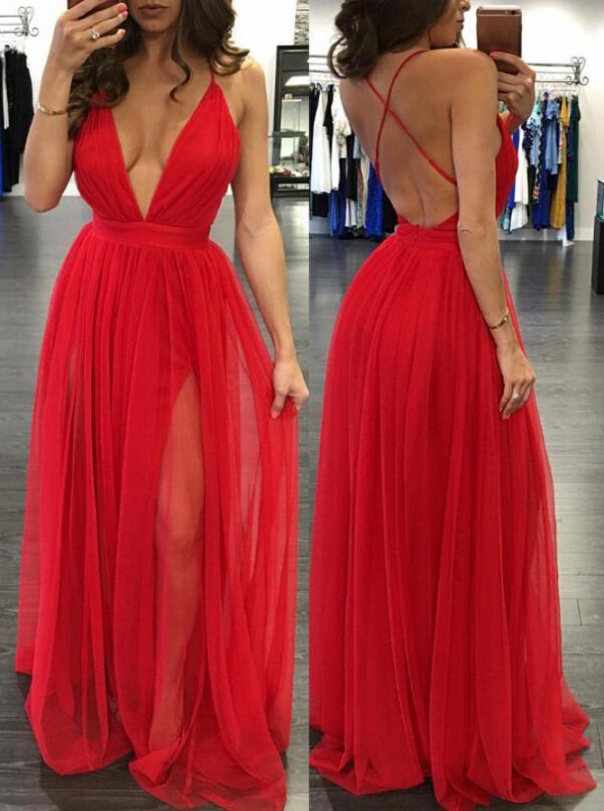 Sexy A Line Spaghetti Straps Deep V-neck Backless Split Long Women Red Prom Dress