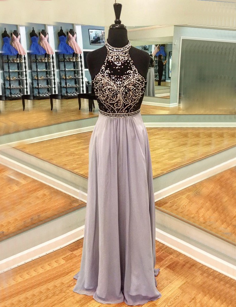 Chic A Line Halter Open Back Long Chiffon Prom/evening Dress With Beading