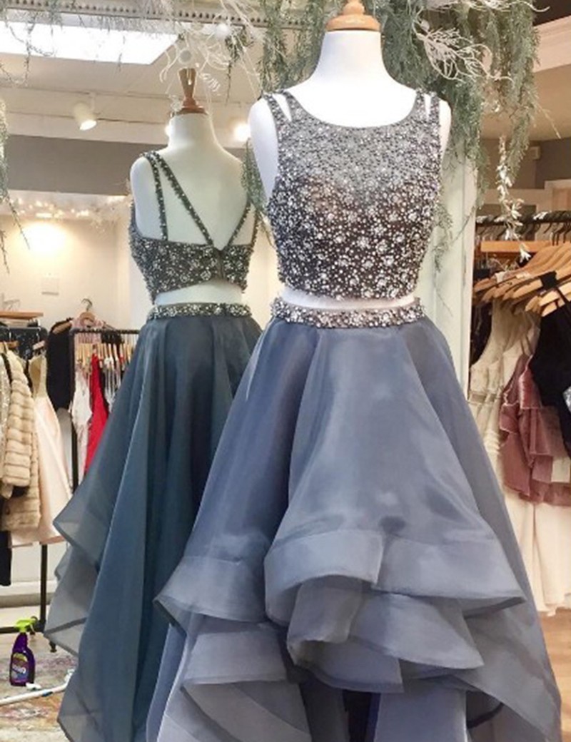 Gorgeous Two Piece High Low Scoop Tiered Long Gray Tulle Prom Dresses With Beading