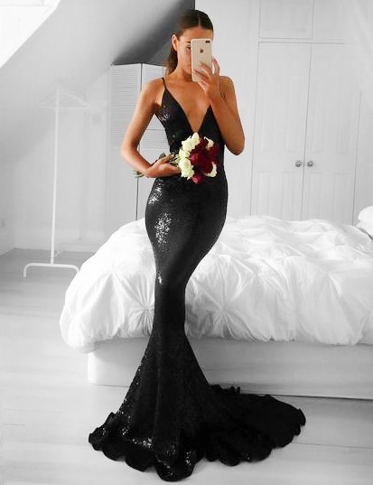 Shinning Mermaid Spaghetti Straps Deep V Neck Long Black Sequin Prom/bridesmaid Dresses
