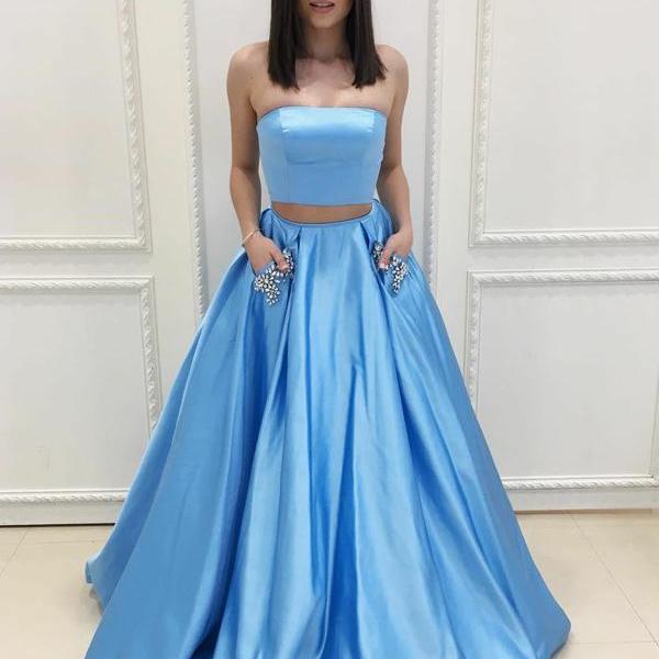 Simple Two Pieces Strapless Long Light Blue Satin Prom Dresses with Pockets/Beads