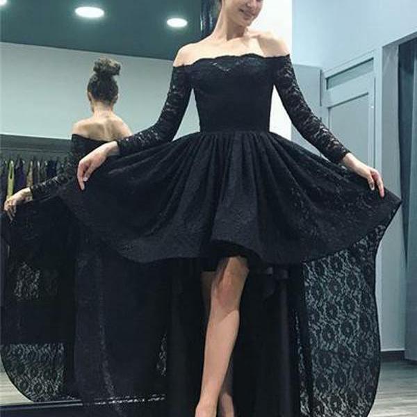 Elegant High Low Off The Shoulder Long Sleeves Black Lace Prom/Evening ...