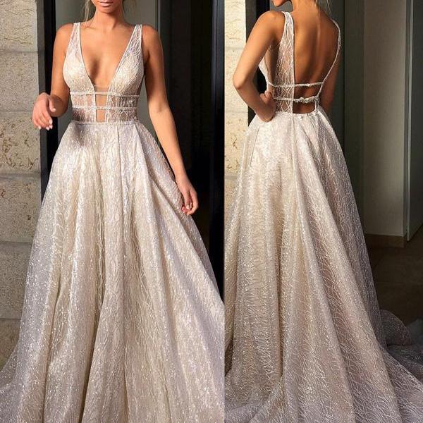 Gorgeous A Line Deep V Neck Backless Sleeveless Long Prom/evening ...