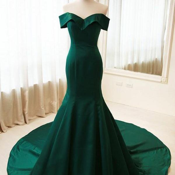 Simple Mermaid Off Shoulder Long Dark Green Satin Formal/evening Dress ...