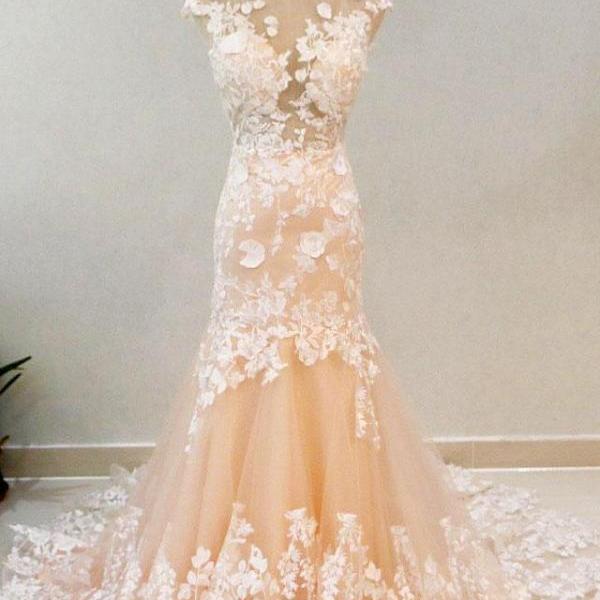 Fabulous Mermaid Bateau Long Champagne Lace Prom/Evening Dress