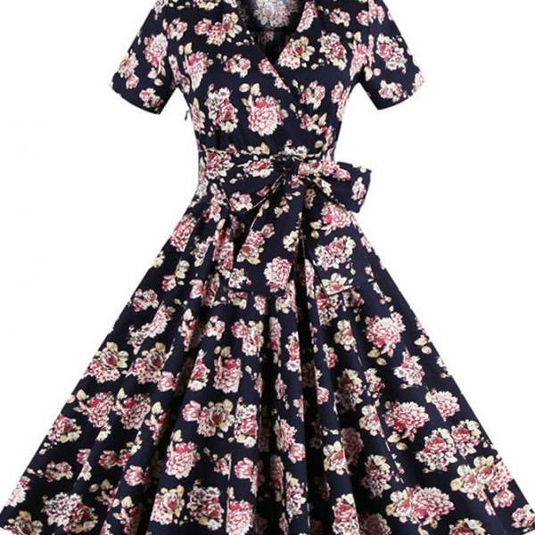 Black Vintage Dress Rockabilly Floral Dress Mid-length Dress 50s Dress ...