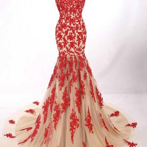 Modern Jewel Cap Sleeves Sweep Train Mermaid Prom Dress with Red Lace Backless