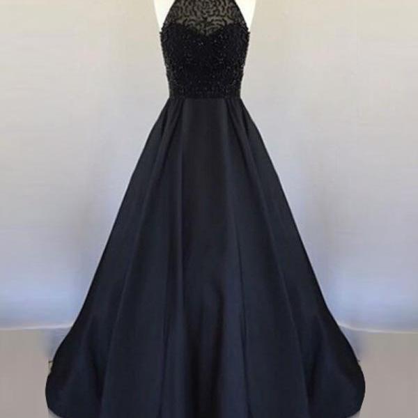 Elegant A line Halter Long Women Black Satin Evening/Formal Dresses with Beading