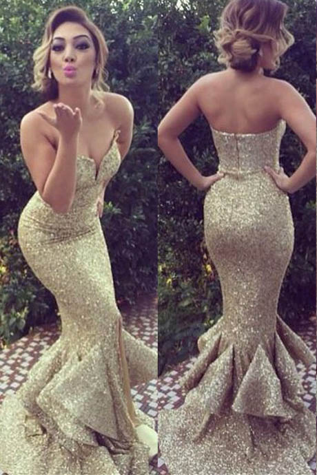 Sweetheart Gold Sequin Mermaid Ruffles Prom Dress on Luulla